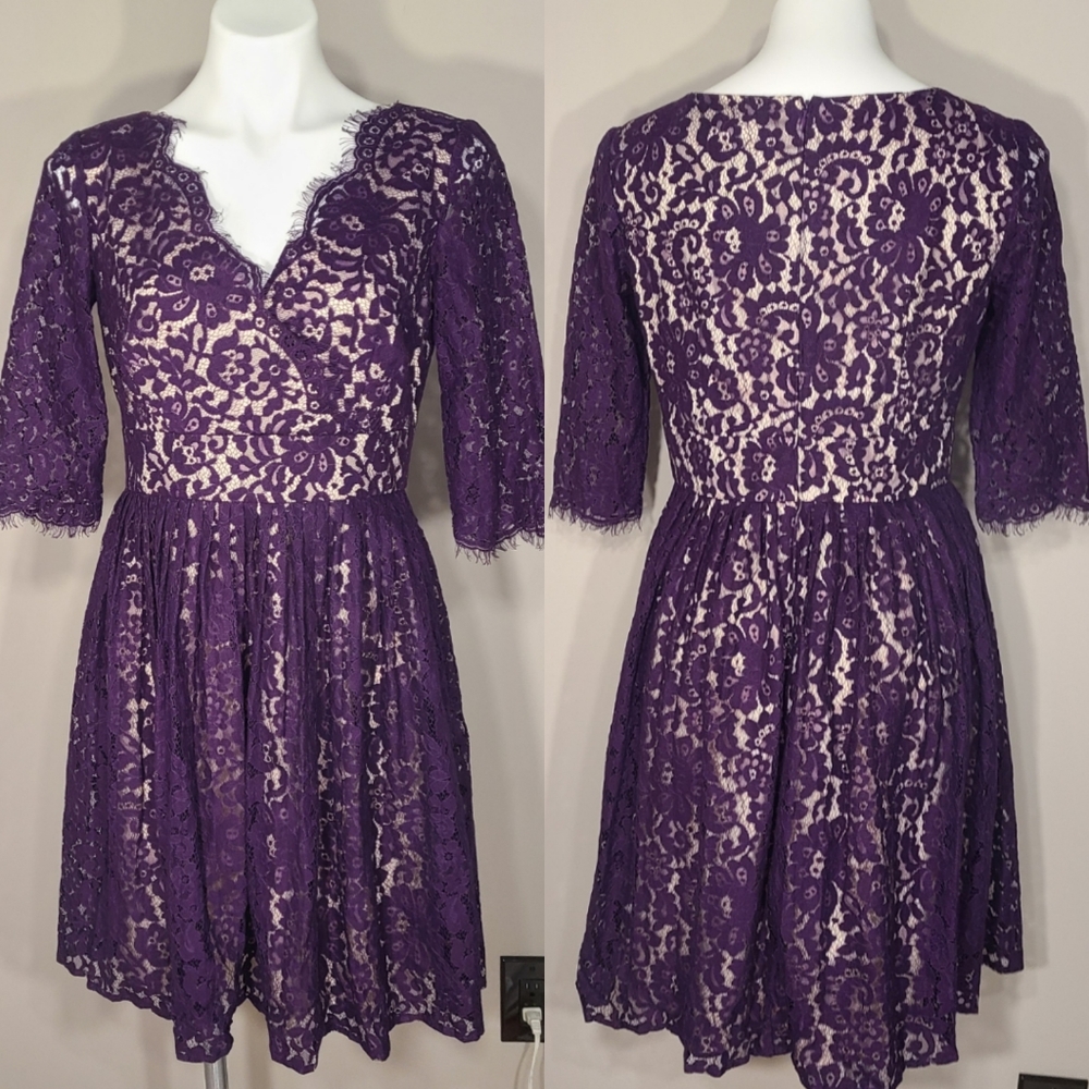 Eliza J. Fit and Flare Pleated Lace Dress Purple